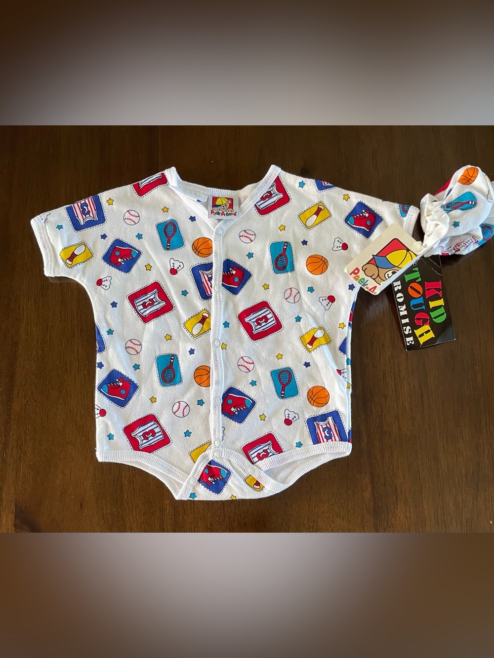 Peek-A-Babe Vintage NWT Sports Theme One-Piece 6-9 Months Short Sleeve w/Booties
